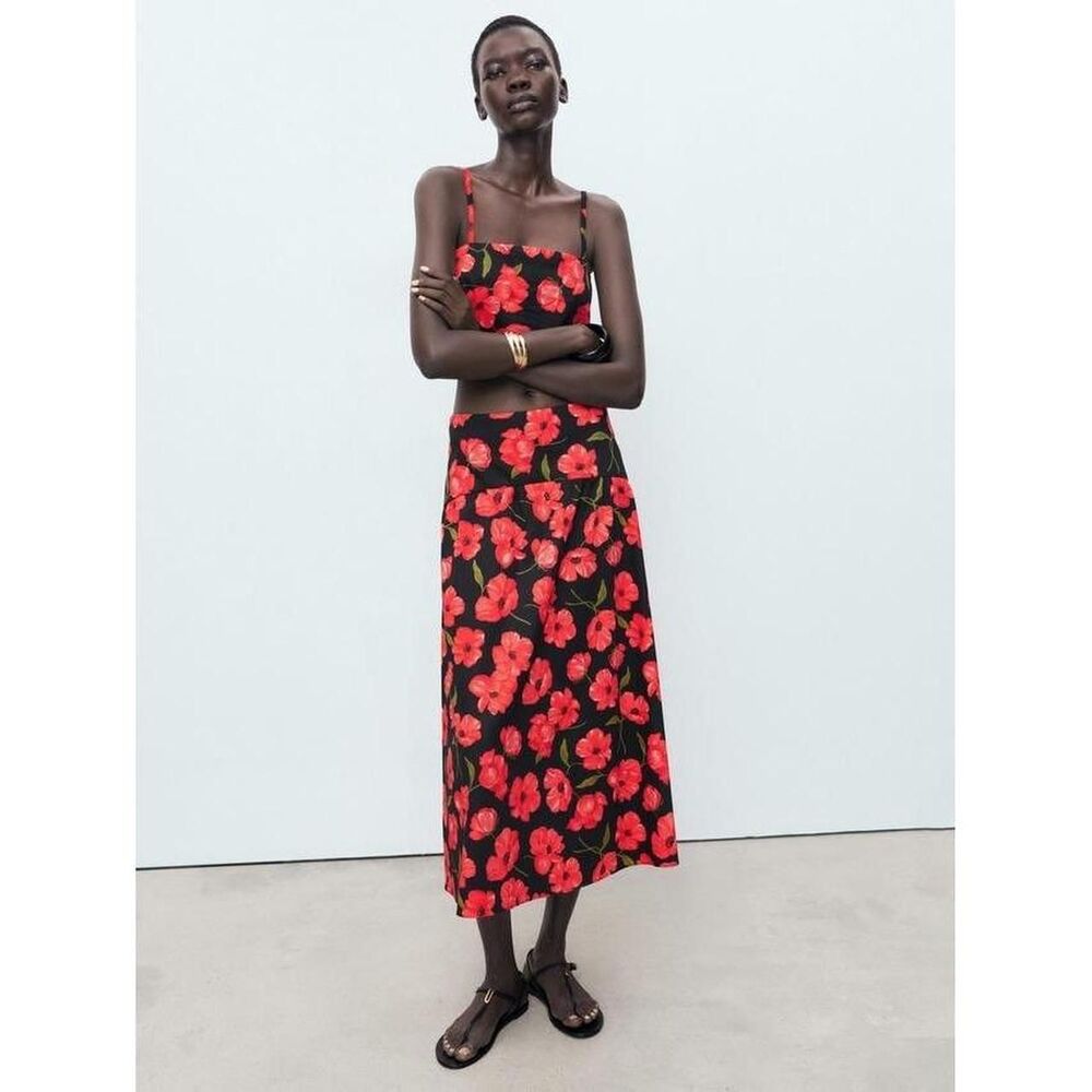New MNG Mango Black Red Floral Poppy Midi Skirt High Waist A-Line Size 6